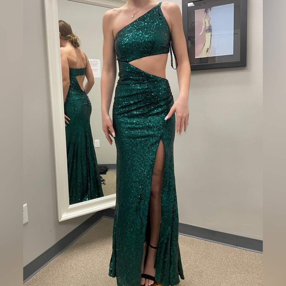 Sherri Hill Emerald Green Sequin Cutout Prom Dress Gem